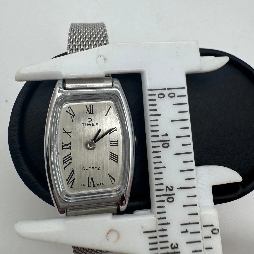 Vintage Q Timex Women Silver Tone Tonneau Roman Numeral Mesh Band Watch need bat